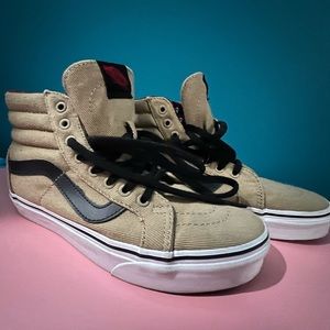 Fall - Dark Khaki high top vans with flannel inner. Women’s size 8.5.
